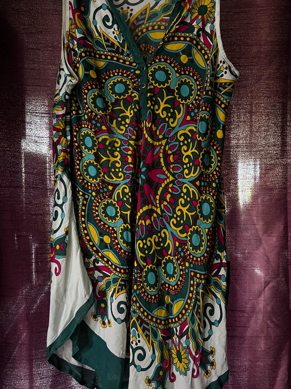 Sleeveless Midi Dress in Teal, Yellow & Magenta - Floral Medallion Print